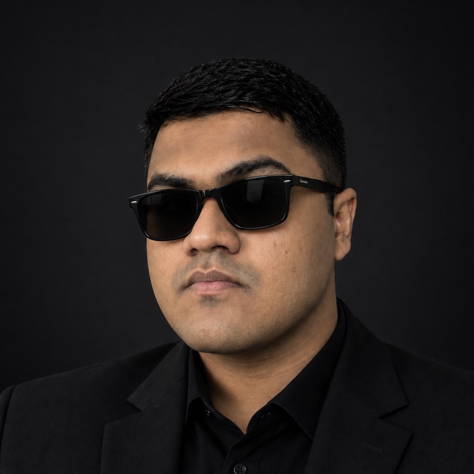 Portrait of Siam Al Hasan in sunglasses and a black blazer